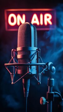 A radio studio setup with a microphone, a mixing console and a lit sign "ON AIR". Radio and broadcasting concept.