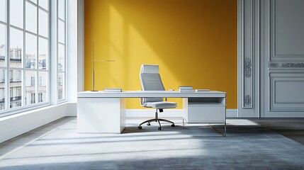 Modern office with large windows and bright yellow wall.  Possible use for office supplies catalogue