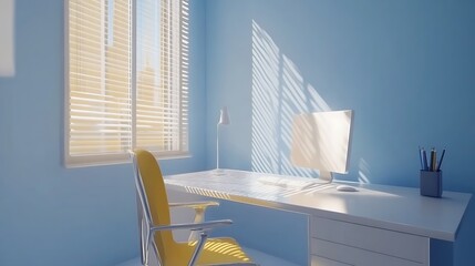 Sunny workspace interior, light blue walls, white desk, yellow chair