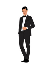 Handsome man wearing tuxedo and bow tie, luxury evening outfit for Christmas, New Year, Wedding event, party. Male cartoon character vector realistic illustration isolated on transparent background.
