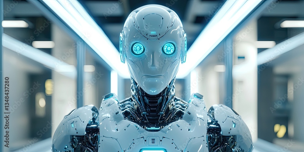 Poster sci-fi architecture with robotic elements, featuring advanced AI systems, sleek design, and a high-tech, futuristic environment.