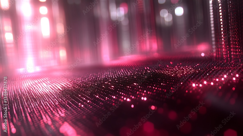 Poster futuristic red glowing particle grid surface with abstract light reflections