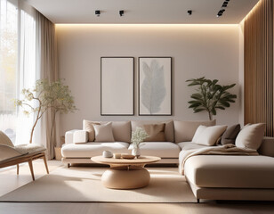 A modern minimalist living room with neutral tones and soft lighting.