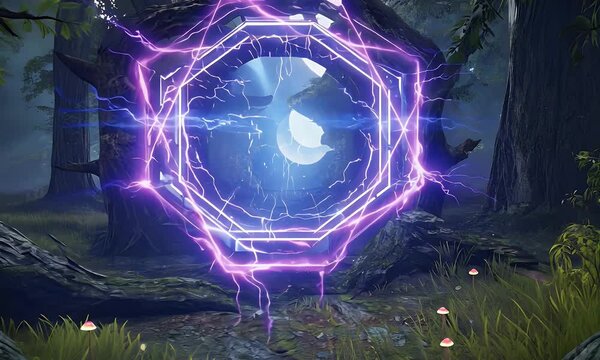 Mesmerizing 4k video capturing a supernatural gateway appearing from swirling energy, casting eerie luminous waves across the dark forest