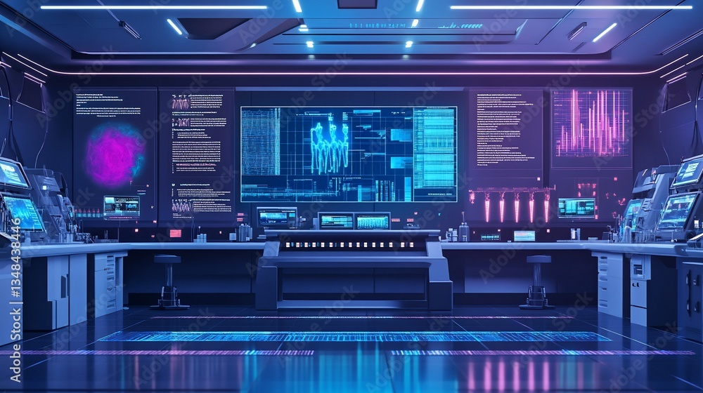 Poster futuristic science lab with advanced technology and data displays