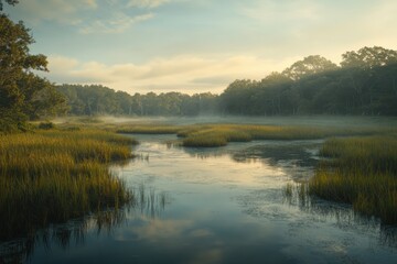 Serene morning mist over a tranquil river flowing through lush wetlands at dawn