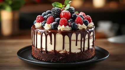 A delicious chocolate cake, adorned with fresh berries and a decadent chocolate ganache, sits on a dark plate. Perfect for a special occasion!
