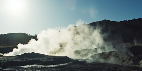 Fototapeta premium a geothermal energy plant, with steam rising from the ground, symbolizing natural energy harnessed from the earth.