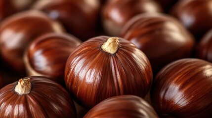 Obraz premium Closeup of a Pile of Shiny Brown Chestnuts Ready for Roasting or Cooking