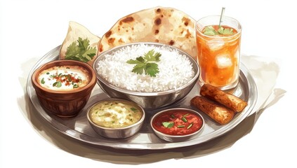 Traditional Indian meal platter featuring rice, roti, curries, and a beverage