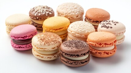 Fototapeta premium Colorful Assortment of Macarons on a White Background, Gourmet Dessert