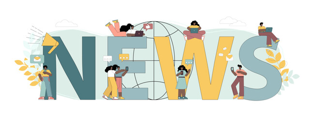 News concept. Communication on social networks. Sourse of information. People use gadgets to get news.eps