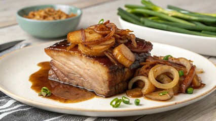 Braised pork belly with caramelized onions served with green onions in a home kitchen setting