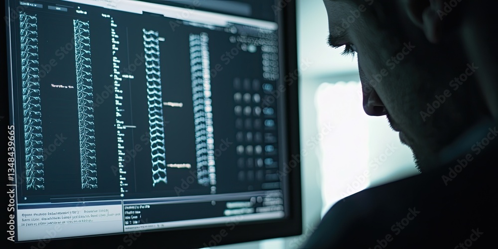 Poster a computer interface displaying genetic sequences of a pathogen, with a scientist analyzing the data
