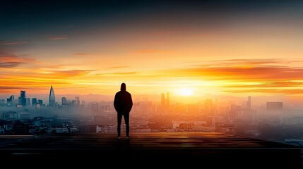 Fototapeta premium Sunrise Cityscape Man Silhouette Urban Dawn Rooftop View