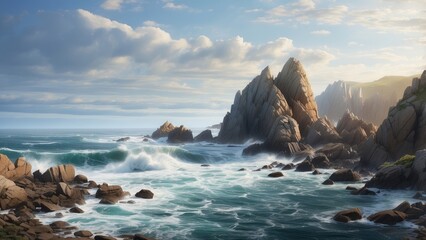 A rocky coastal scene.  A rugged coastline with various sized rocks and boulders is visible.