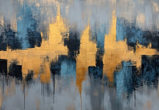 Abstract Painting Modern Expressionism Muted Blue Beige Gold Textured Canvas Art