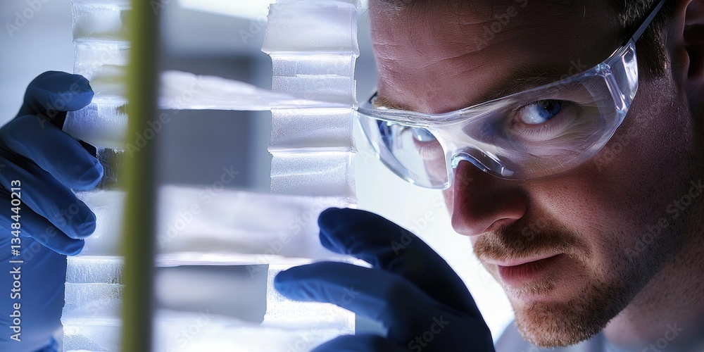 Poster a climate scientist studying ice cores in a lab, with the detailed layers of ice in focus.