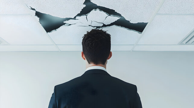Office space ceiling damage assessment rear view of modern workplace maintenance