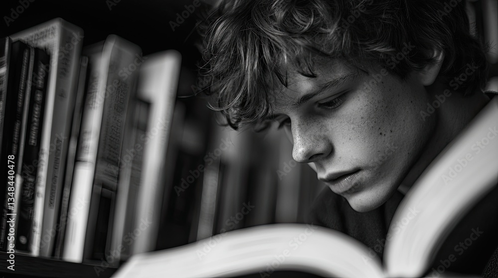 Poster student studying in a library, close-up on focused face and open book, soft lighting reflects the ca