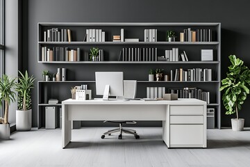 Modern office workspace with shelves and plants. Interior design