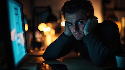 A detailed view of a late-night work session, focus on a tired employee s face illuminated by the glow of the computer, capturing the strain