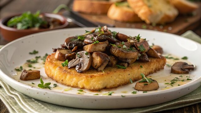 Crispy brambor ky topped with saut&eacute;ed mushrooms served on a white plate garnished with fresh herbs