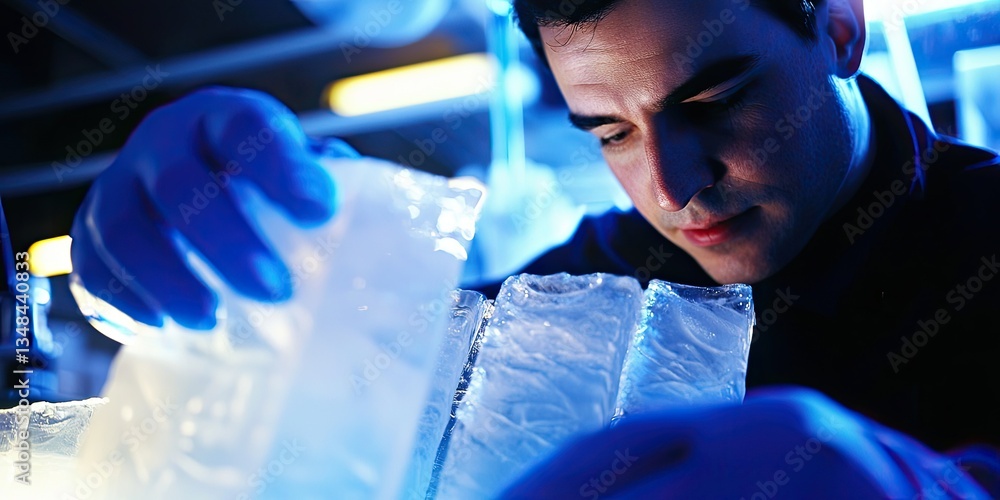 Poster a climate scientist studying ice cores in a lab, with the detailed layers of ice in focus.