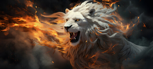 epic white lion phoenix battle combat, ai generative