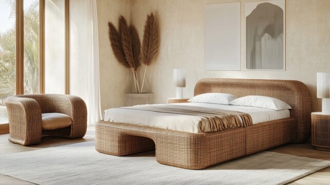 Bohemian bedroom with woven bed and armchair