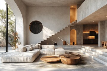 Modern open-plan living area with natural light, concrete walls, wooden furniture, and patio views