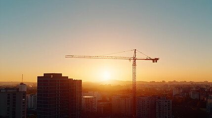 Orange Sunset Over Urban Cityscape With Construction Crane And Buildings