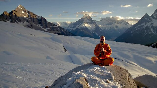 A Buddhist monk meditates on top of the Himalayas.