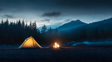 Pixel Art Camping Tent By Fire At Mountain Sunset
