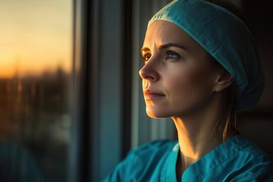 contemplative female surgeon gazing through hospital window at sunset wearing teal scrubs warm golden hour lighting creating dramatic shadows across thoughtful expression - Powered by Adobe