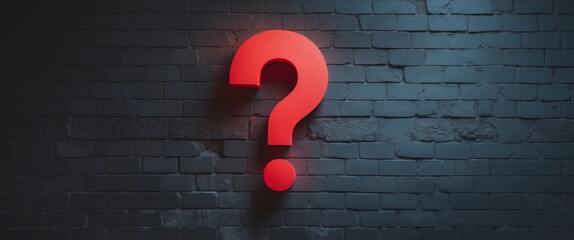 A red question mark is lit up on a dark brick wall.
