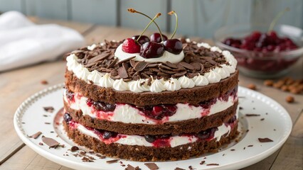 Classic black forest cake layered with cherries, whipped cream, and chocolate shavings on a wooden table