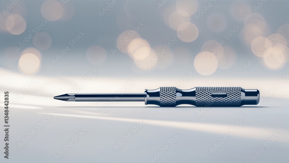 Poster metal screwdriver resting on a smooth surface with soft light blurred in the background during a ser