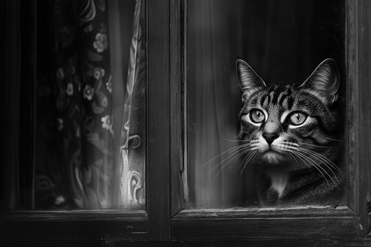 A captivating black and white portrait of a tabby cat gazing out a window, capturing a moment of quiet contemplation and feline mystery.