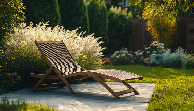 Empty Mocha mousse wooden deck chair or chaise longue on tile among decorative grass and flowers in recreation area. Garden landscape with chairs in city park. Concept of recreation, tanning in yard
