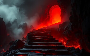 Ascending stone stairway through volcanic landscape leads to glowing archway