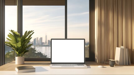 Modern workspace with laptop overlooking city