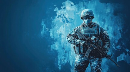 Soldier Holding Rifle in Military Gear Against a World Map Backdrop