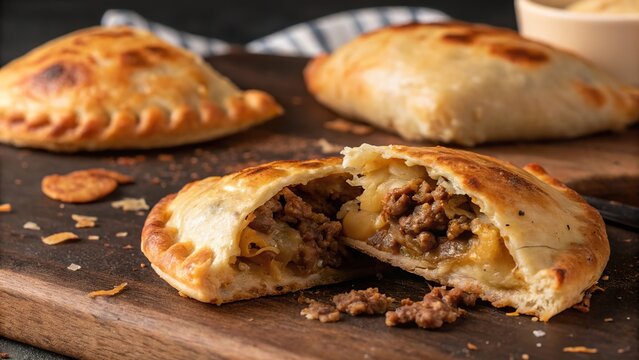 Close up view of a beef empanada with a bite taken out, showcasing its savory filling and golden crust