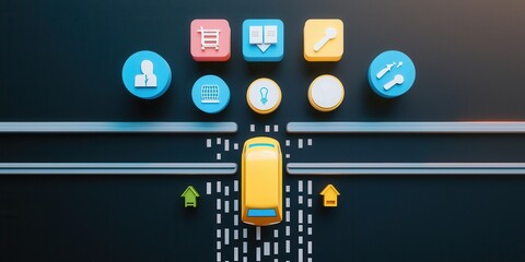 Fototapeta premium Colorful Car Illustration with Tools and Icons on Surface