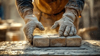 Dusty hands carefully placing stone paving blocks