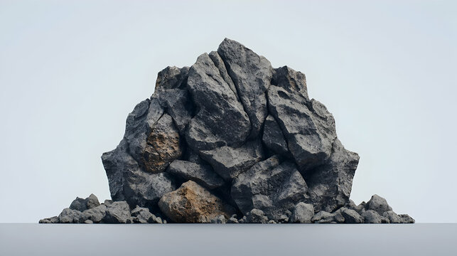 Isolated Grey Stone Formation Displaying Detailed Rough Surface and Textured Edges on a Pale Background