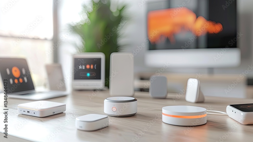 Poster a smart home automation hub integrating multiple devices, simplifying daily tasks through innovative IoT technology.