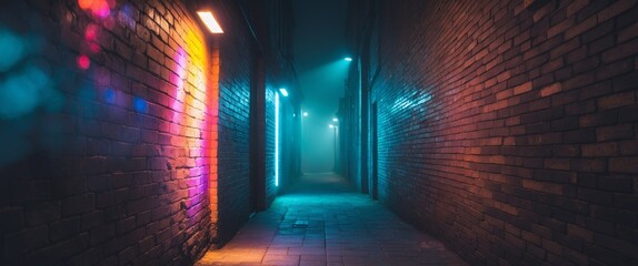 Glowing Neon Light on Brick Wall in Dark Alley at Night.