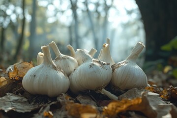 Freshly harvested garlic bulbs rest on autumn leaves in a tranquil forest setting